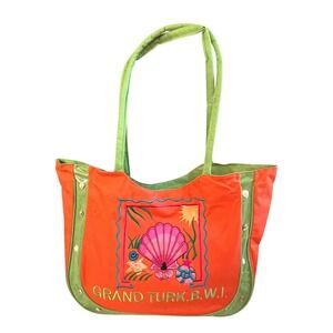 Vtg Grand Turk BWI Souvenir Canvas Beach Tote Bag Orange Embroidered Shells Boho